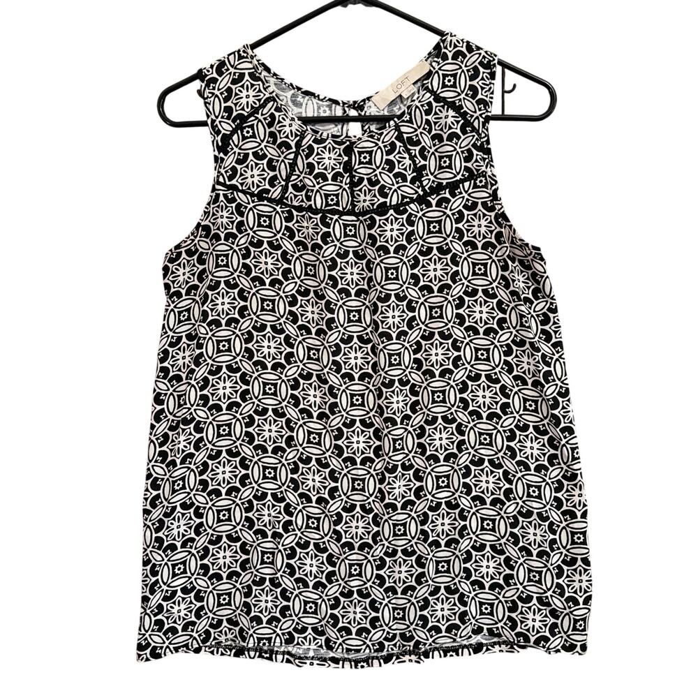 Ann Taylor LOFT Womens Blouse Black Cream Geometric Sleeveless Small